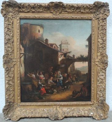 une peinture à l'huile représentant une scène de village avec des personnes assises sur un banc