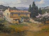 an oil painting of a house on a hill with trees in the foreground