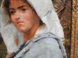 painting of a woman in a white bonnet with a basket on her shoulder