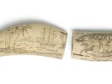two pieces of ivory with a drawing on them on a white surface