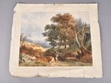 une vieille photo représentant un tableau où l'on voit un homme et un chien dans un cadre boisé
