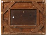 an old wooden picture frame on a white background with a tag