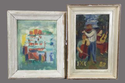 deux tableaux représentant un homme et une femme devant un immeuble