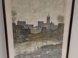 peinture représentant un paysage avec des bâtiments et une rivière au premier plan