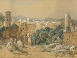 an image of a painting of a view of a city from a hill