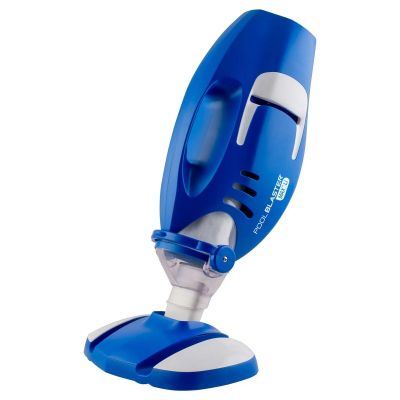 a close up of a blue and white steam mop on a white background