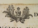 an old paper with a drawing of a coat of arms and a crown on it