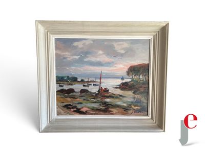 une peinture représentant un voilier sur l'eau, avec le ciel en arrière-plan