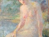 un tableau représentant une femme nue assise par terre au bord d'un plan d'eau