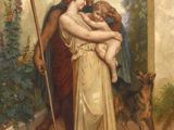 une image représentant un tableau où l'on voit une femme tenant un enfant et un chien dans ses bras
