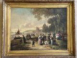 painting of a group of people walking on a beach near a body of water