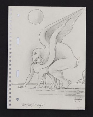 pencil drawing of a bird on a piece of paper with a moon in the background