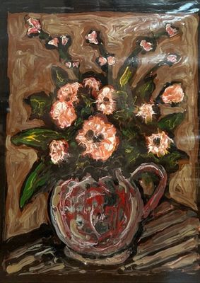 a painting of flowers in a vase on a table