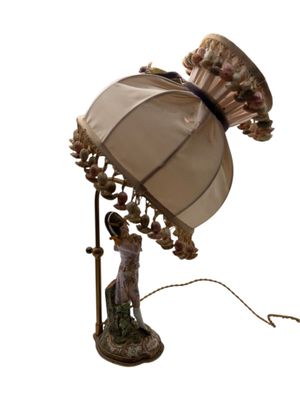 a lamp that is sitting on a table with a lamp shade on it