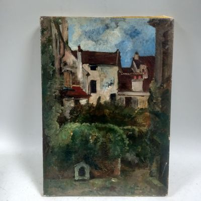 une peinture représentant une peinture d'une maison avec un jardin devant