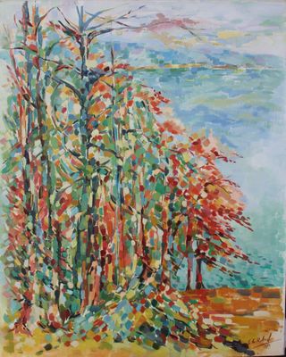 un tableau représentant des arbres dans un champ, avec de l'eau et le ciel en arrière-plan