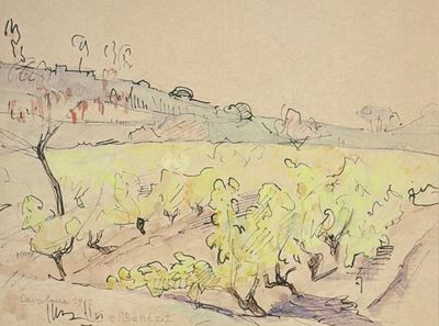 drawing of a landscape with trees in the foreground and hills in the background
