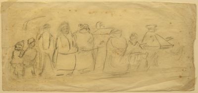 un dessin représentant un groupe de personnes debout les unes à côté des autres