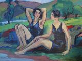 painting of two women in bathing suits sitting on the grass