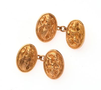 deux paires de boutons de manchette plaqués or représentant Jésus et Marie
