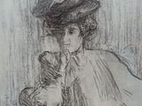 dessin représentant une femme coiffée d'un chapeau et tenant un bébé dans ses bras