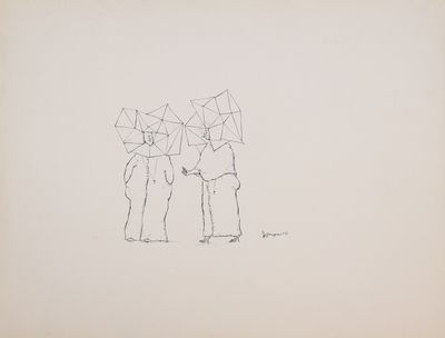 dessin représentant deux personnes avec des parapluies, debout l'une à côté de l'autre