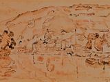 dessin représentant un paysage avec une montagne au loin et un village au premier plan