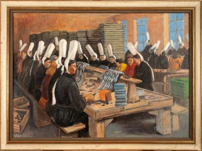 a painting of a group of people sitting at a table