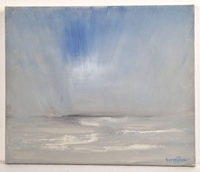 une peinture à l'huile représentant un ciel bleu au-dessus d'un plan d'eau