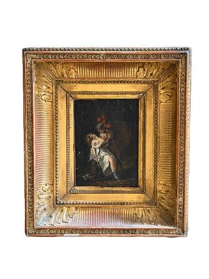 une image représentant un tableau d'une femme assise sur un cheval, dans un cadre doré