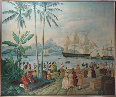 a painting of a large group of people on the beach