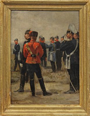tableau représentant un homme en uniforme rouge debout devant un groupe d'hommes en uniforme