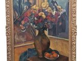 un tableau représentant un vase avec des fleurs et des oranges posé sur une table