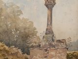 a watercolor painting of a statue in the middle of a park