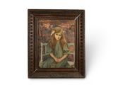 une image d'un tableau représentant une femme assise sur un banc