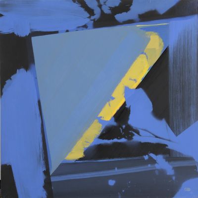 an abstract painting of blue and yellow shapes on a black background