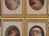 four framed portraits of women with hats and scarves in a room