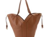 a brown leather tote bag on a white background