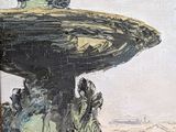a painting of a fountain with a bird on top of it