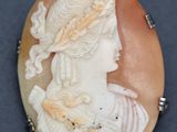 an image of a woman ' s profile is shown in a shell broocher