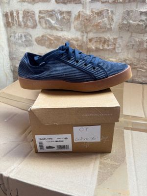 blue sneakers on a cardboard box with a brick wall in the background