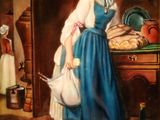 tableau représentant une femme en robe bleue debout devant un plan de travail de cuisine