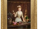 une image représentant un tableau où l'on voit une femme avec des fleurs posées sur une table