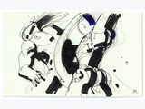 une image représentant un dessin en noir et blanc d'un homme sur un skateboard