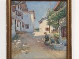 a painting of a man sitting on a bench in front of a building
