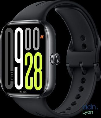un gros plan d'une montre connectée avec un bracelet noir