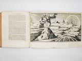 an open book with a drawing of a volcano in the middle of it