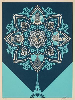 an image of a blue and white poster with a tree in the middle