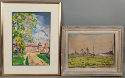 deux tableaux encadrés représentant un paysage et un village