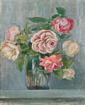 une peinture de roses dans un vase en verre sur une table